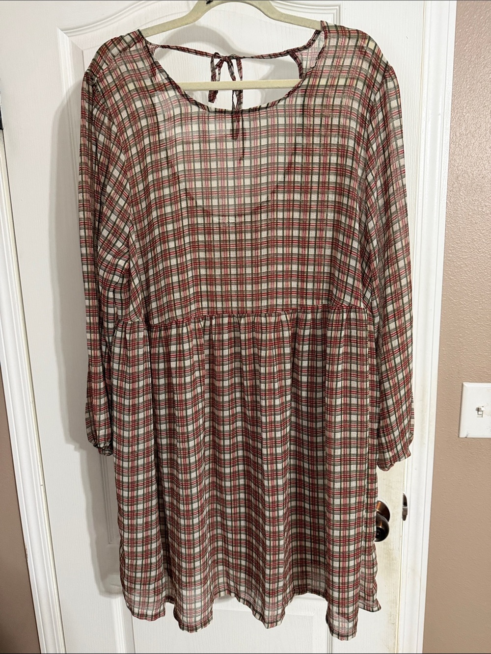American Eagle Outfitters Red and Cream Plaid Midi Dress